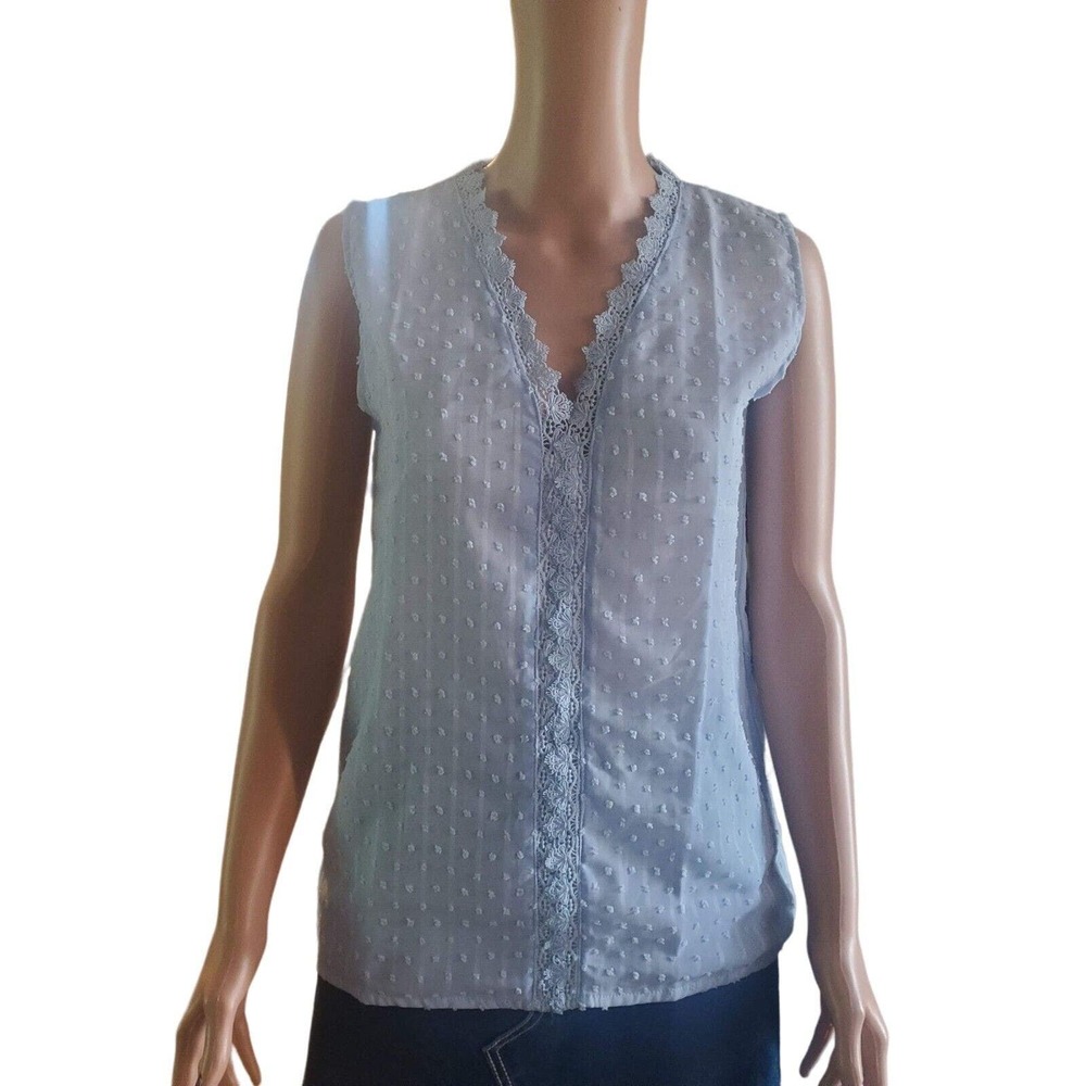 NEW C+D+M Collection Sz M Coquette Lace Cami Top 3D Dots Baby Blue Sheer Back